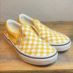 Vans Kids Yellow & White Checkered Slip-On Sneakers Size 1